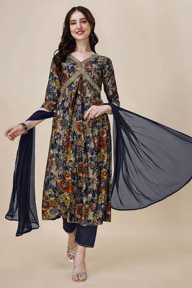 embroidered calf length chanderi woven women's kurta set - dark blue