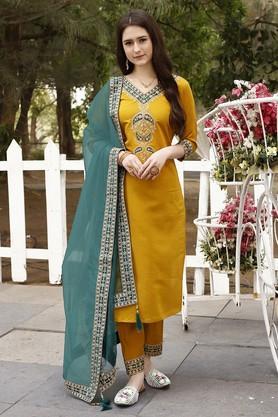 embroidered calf length chanderi woven women's kurta set - dark mustard