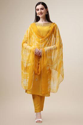 embroidered calf length chanderi woven women's kurta set - mustard