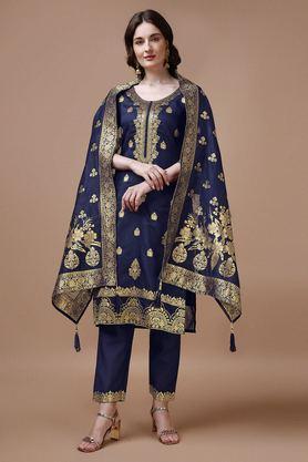 embroidered calf length chanderi woven women's kurta set - navy