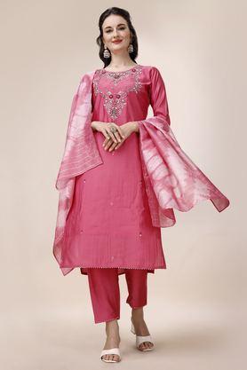 embroidered calf length chanderi woven women's kurta set - pink