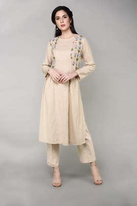 embroidered calf length cotton woven women's kurta palazzo set - cream