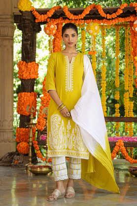 embroidered calf length cotton woven women's kurta pant dupatta set - lime green