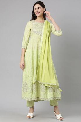 embroidered calf length cotton woven women's kurta set - lime green