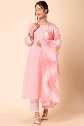 embroidered calf length cotton woven women's kurta set - pink