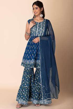 embroidered calf length cotton woven women's kurta sharara dupatta set - blue