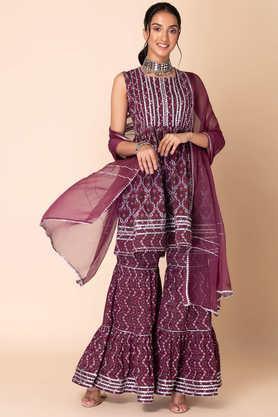 embroidered calf length cotton woven women's salwar kurta dupatta set - purple