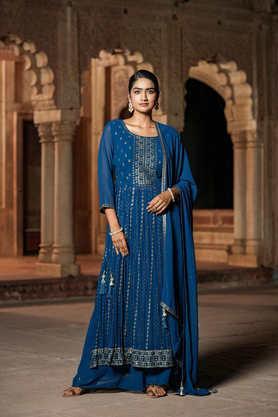 embroidered calf length faux fur woven women's kurta set - indigo