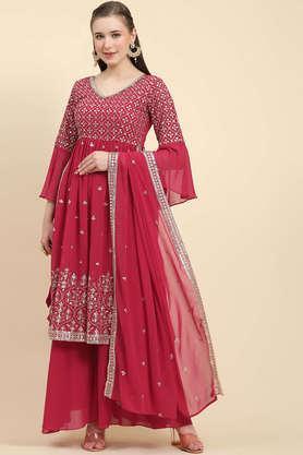 embroidered calf length georgette women's kurta set - pink