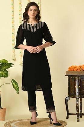 embroidered calf length georgette woven women's kurta set - black