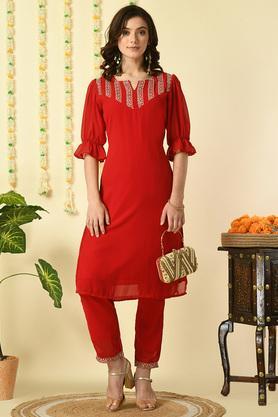 embroidered calf length georgette woven women's kurta set - red