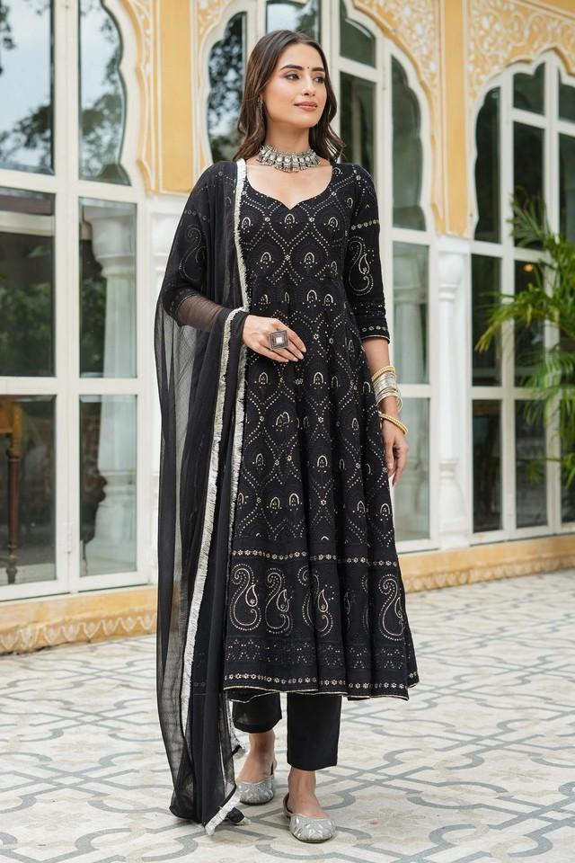 embroidered calf length georgette woven womens kurta set