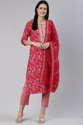 embroidered calf length modal knitted women's kurta set - pink