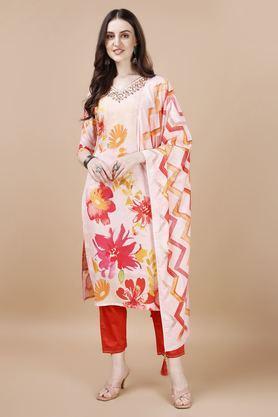 embroidered calf length muslin woven women's kurta set - cream