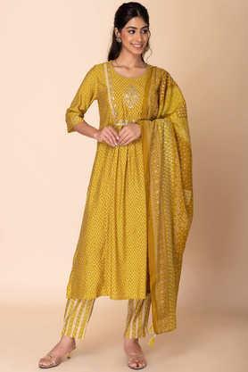 embroidered calf length muslin woven women's salwar kurta dupatta set - yellow