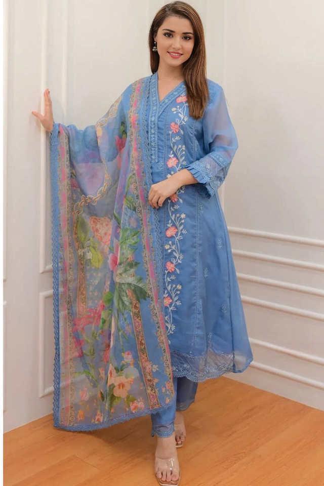 embroidered calf length organza knitted womens kurta set