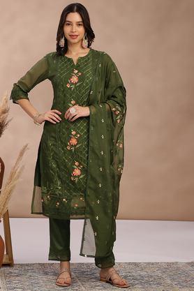 embroidered calf length organza woven women's kurta set - green