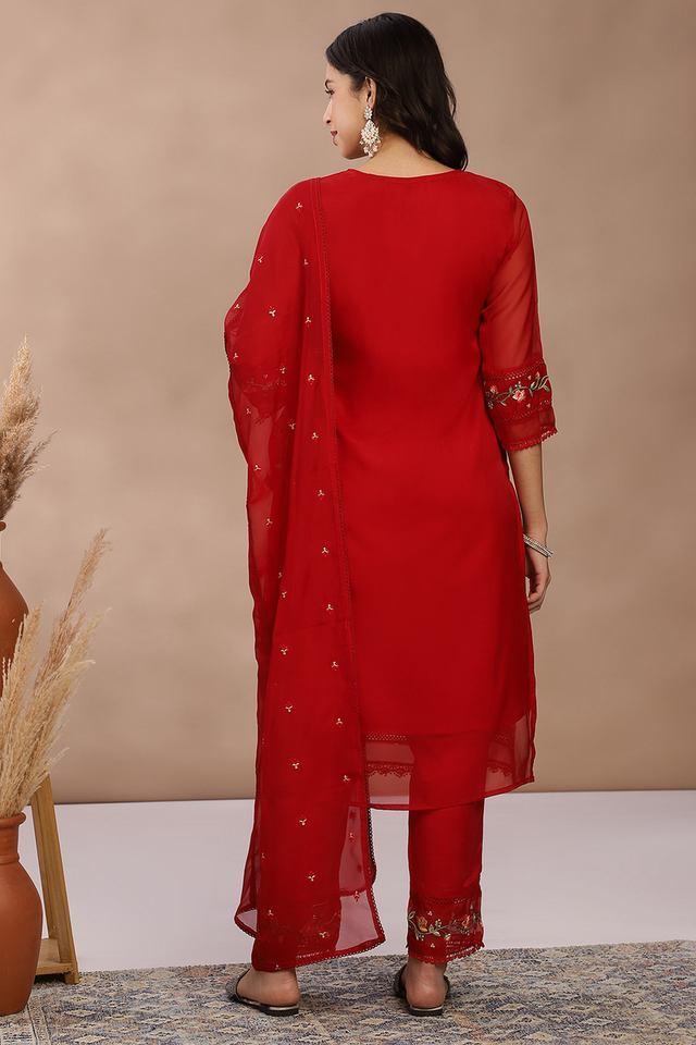 embroidered calf length organza woven womens kurta set