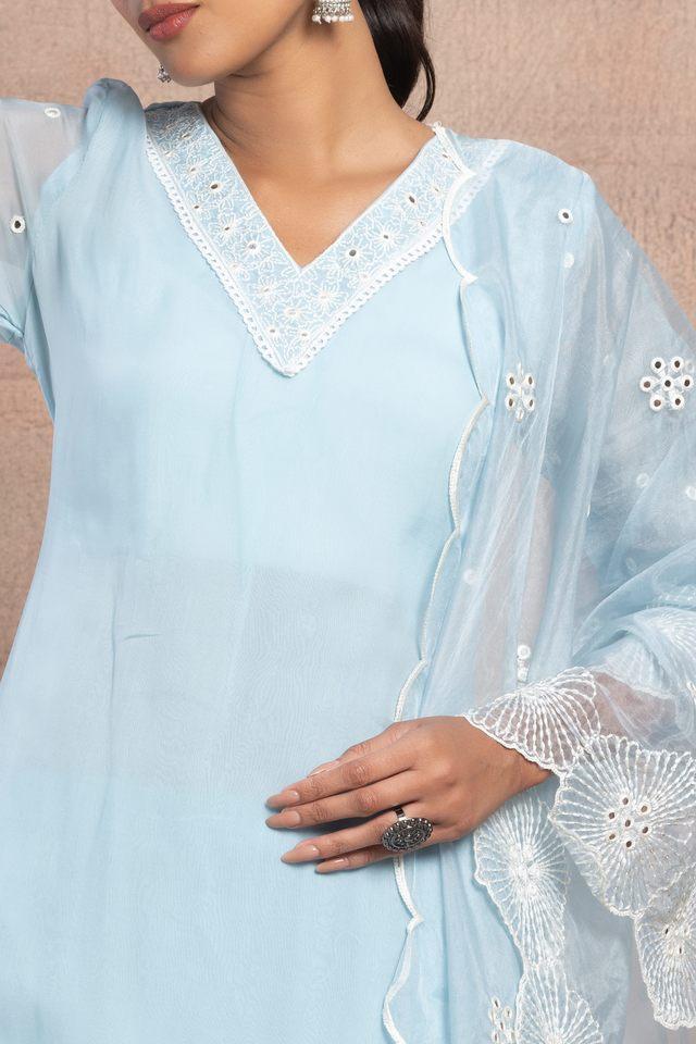 embroidered calf length organza woven womens kurta set