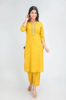 embroidered calf length rayon knitted women's kurta set - mustard