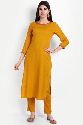 embroidered calf length rayon knitted women's kurta set - mustard
