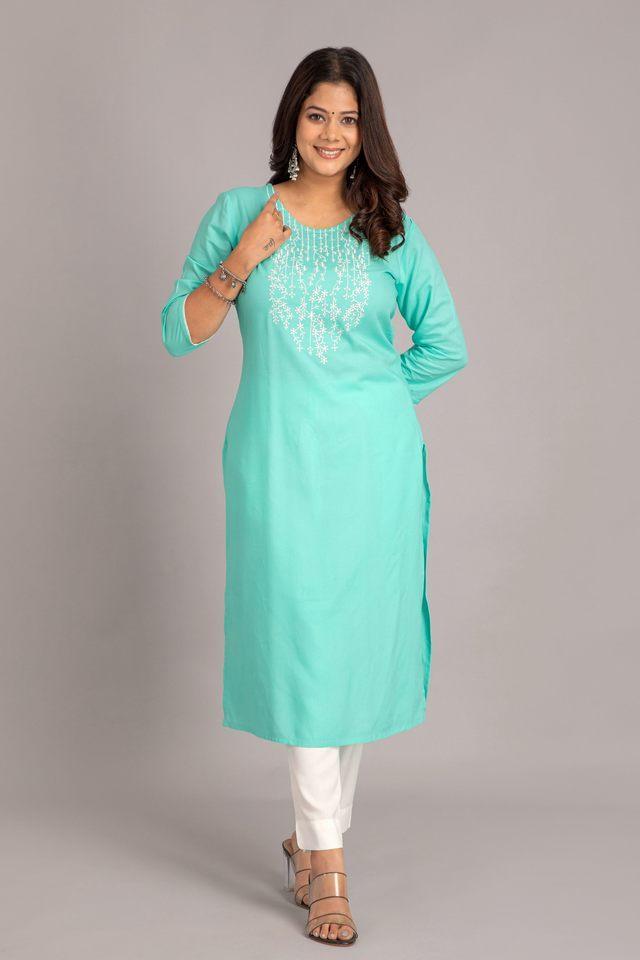 embroidered calf length rayon knitted womens kurta set