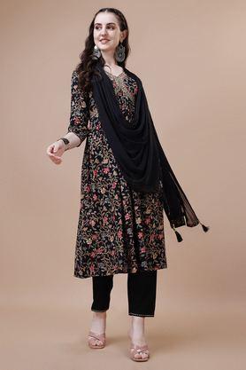 embroidered calf length rayon woven women's kurta set - black