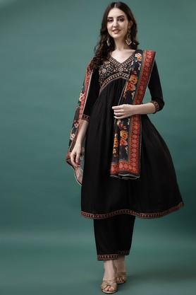 embroidered calf length rayon woven women's kurta set - black