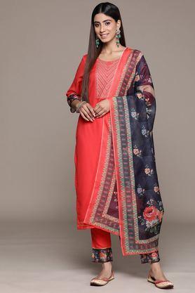 embroidered calf length rayon woven women's kurta set - coral