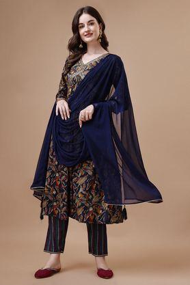 embroidered calf length rayon woven women's kurta set - dark blue
