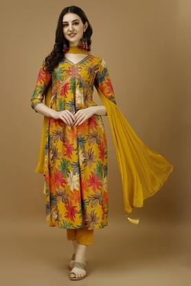 embroidered calf length rayon woven women's kurta set - mustard