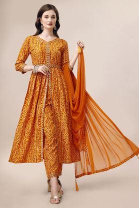 embroidered calf length rayon woven women's kurta set - mustard