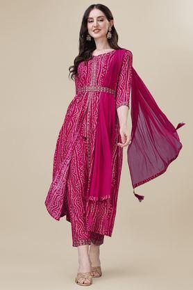 embroidered calf length rayon woven women's kurta set - pink
