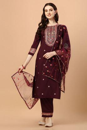 embroidered calf length rayon woven women's kurta set - purple