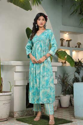 embroidered calf length rayon woven women's kurta set - sky blue