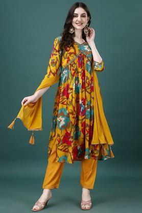 embroidered calf length silk woven women's kurta set - mustard