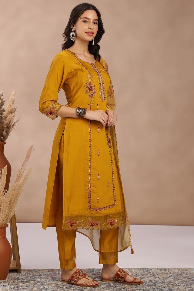 embroidered calf length silk woven womens kurta set