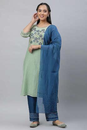 embroidered calf length viscose blend woven women's kurta palazzo dupatta set - green