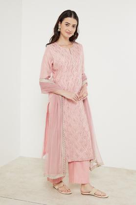 embroidered calf length viscose blend woven women's kurta palazzo dupatta set - light pink