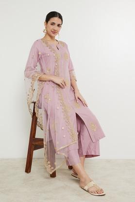 embroidered calf length viscose blend woven women's kurta palazzo dupatta set - lilac