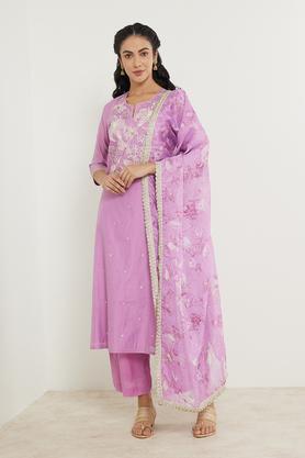 embroidered calf length viscose blend woven women's kurta palazzo dupatta set - lilac