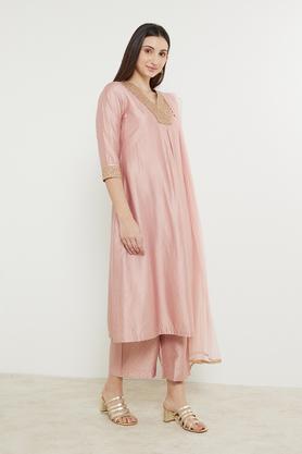 embroidered calf length viscose blend woven women's kurta palazzo dupatta set - pale pink