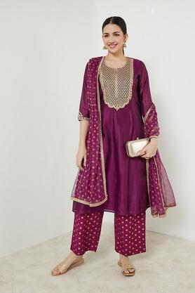 embroidered calf length viscose blend woven women's kurta palazzo dupatta set - plum