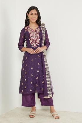 embroidered calf length viscose blend woven women's kurta palazzo dupatta set - purple