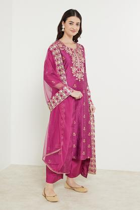 embroidered calf length viscose blend woven women's kurta palazzo dupatta set - wine