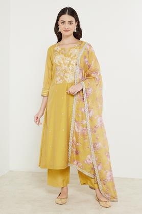 embroidered calf length viscose blend woven women's kurta palazzo dupatta set - yellow