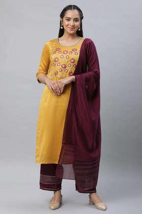 embroidered calf length viscose blend woven women's kurta palazzo dupatta set - yellow