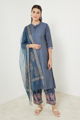 embroidered calf length viscose blend woven women's kurta pant dupatta set - blue