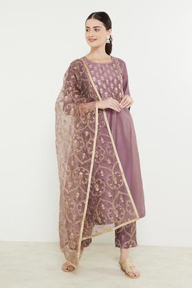 embroidered calf length viscose blend woven women's kurta pant dupatta set - lilac