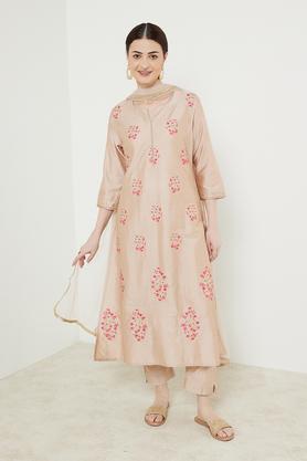 embroidered calf length viscose blend woven women's kurta pant dupatta set - natural